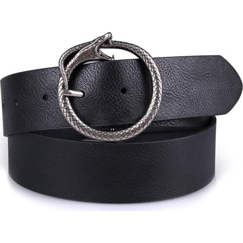 Snake-Shaped Buckle Vintage Personality Belt All-Match Black Serpentine Design Round Buckle Belt for Women