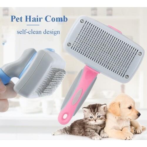 Self-clean Pets Hair Comb Cats Grooming Brush Massage Dogs Brush Stainless Steel Teeth Blue Pink Easy Clean Comfortable