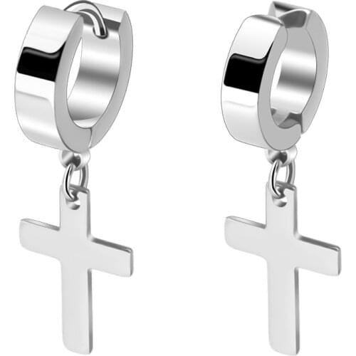 Cross Hoop Earrings Men Jewelry Stainless Steel Fake Ear Clip Punk Dangling Shaped Charm Huggie Pierced for Guy Women Jewelry