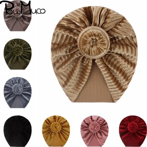 Powmuco 18*20 CM Solid Color Striped Velvet Hats Fashion Handmade Donut Baby Girls Caps Infant Turband Children Hair Accessories