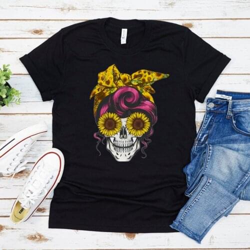 Women Skull Scraf Sunflowers Shirt Halloween Skull T-shirt Female Vintage Goth Clothes Graphic Tees Tops Halloween Gift