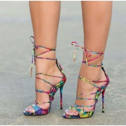 Hot Selling Colorized Snakeskin Cross Strappy Shoes Women Thin High Heel Peep Toe Lace-up Sandals Sexy Stylish Nightclub Shoes
