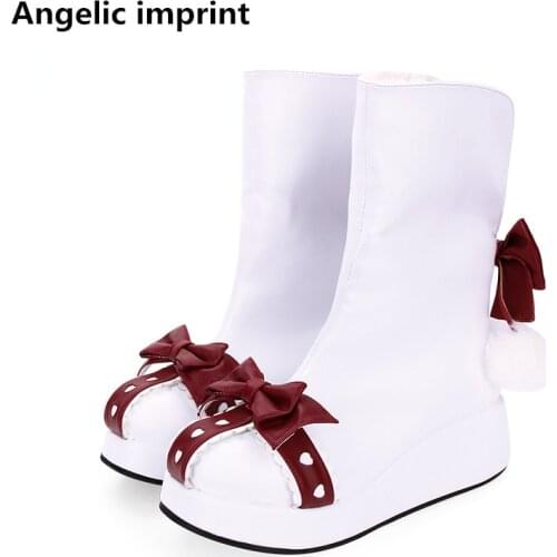 Angelic imprint mori girl Women sweet warm snow boots lady lolita Boots woman mid heels pumps platform shoes lacework bowtie 5cm