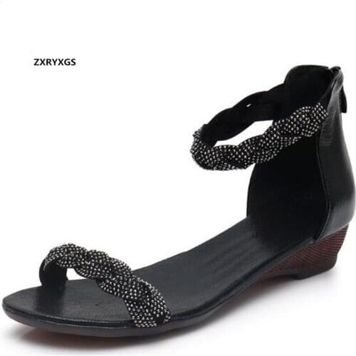 2020 New Top Open-toe Microfiber Rhinestones Sandals Summer Shoes Genuine Leather Sandals Low-heel Comfortable Women Sandals