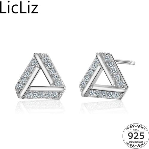 LicLiz 925 Sterling Silver Triangle Earrings For Women Post Ear Piercing Studs Geometric Pave Cubic Zirconia Stud Earings LE0338