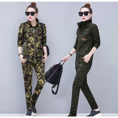 2019 Conjunto Feminino Womens Cotton Military Camouflage Army Green Two Piece 3XL Plus Size Sets for Women Surevetement Femme