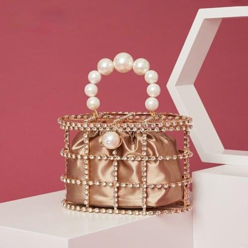 Pearl Basket Evening Clutch Bag Women Summer Hollow Out Diamonds Beading Alloy Metallic Handbag Female Fashion Party
