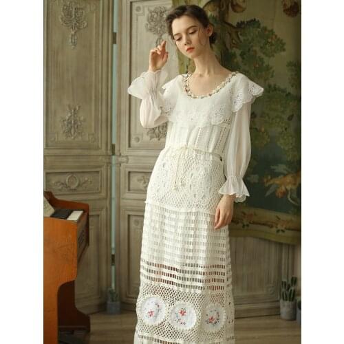 Free Shipping 2018 New Summer Women Long Dress Cotton Lace Vintage Dress Flare Sleeve Knitted Hook Flower Lace Free Size Dress