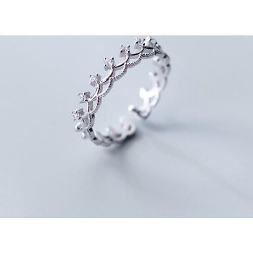 HF JEL Pure 925 Sterling Silver Crown Rings for Women Adjustable CZ Engagement Ring for Lady Trendy Stylish S925 Silver Jewelry