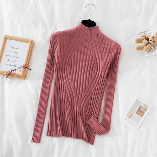Women Long Sleeve Half Turtleneck Knitted Basic Ruffles Sweater Shirt Lady Elastic Slim Striped Tight Pullover Chic Blouse Tops