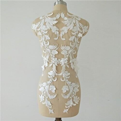 1Pair /2Pcs 20X68cm Ivory Embroidered Lace Applique in Sew Patches for Wedding Dress DIY Wedding Dress Headband