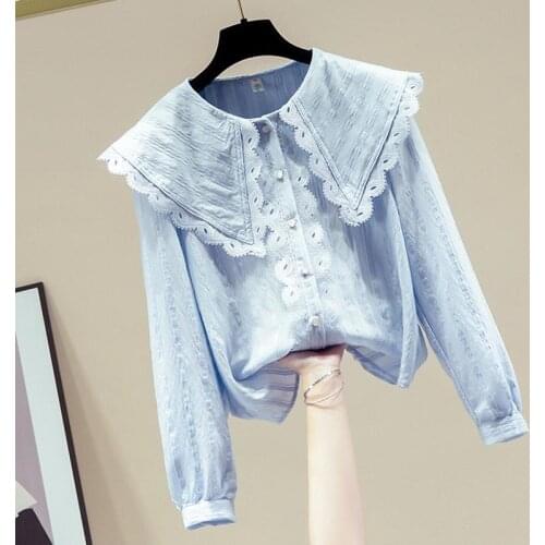 2021 Spring Autumn Women Shirts Long Sleeve Peter Pan Collar Loose Vintage Blouses Chic New Fashion Tops Female Clothes D63