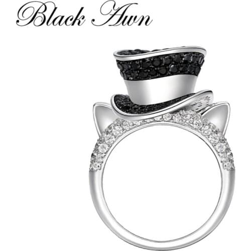 [BLACK AWN] Genuine 925 Sterling Silver Jewelry Trendy Black & White Hat Cat Rings for Women G099