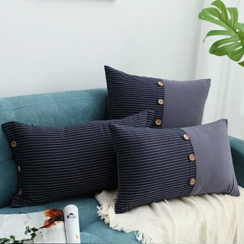 Button Decoration Stripe Stitching Pillow Cover Sofa Cover Polyester Cotton Cushion Cover Home Decor