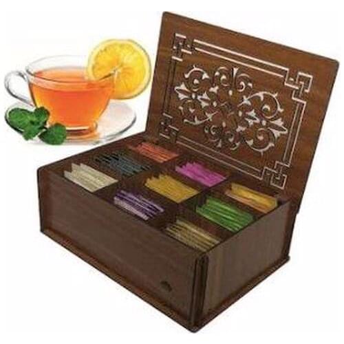 Wooden (Walnut) Tea Box 9 Compartment Lid Bag Herbal Tea Storage Container Herbal Tea Gift