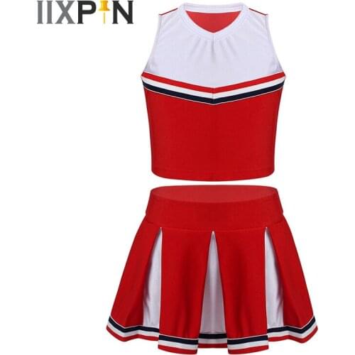 Kids Girls Cheerleader Uniform Cheer Costume Outfit Sleeveless Crop Top With Pleated Skirt Set For Jazz Dance School Performance
