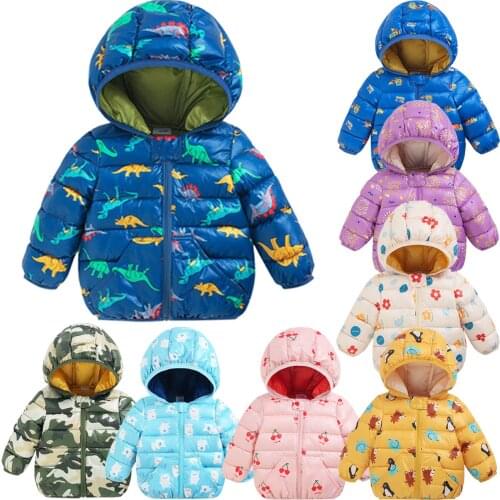 Kids Dinosaur Floral Zipper Coat Parkas Hooded Toddler Baby Boy Girl Winter Cartoon Windproof Coat Hooded Warm Outerwear Jacket