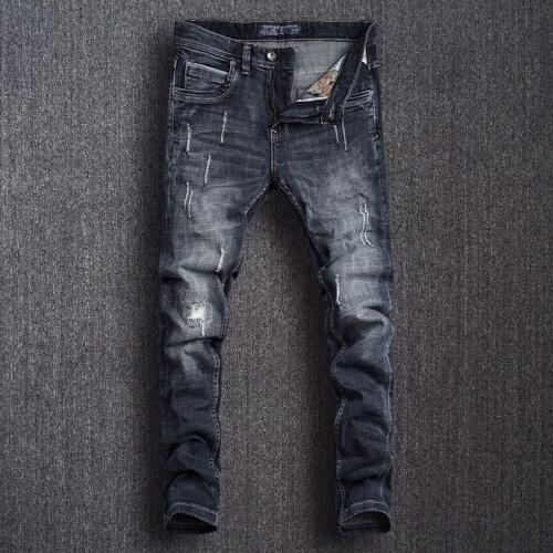 European Vintage Fashion Men Jeans Retro Black Blue Elastic Slim Ripped Jeans Men Patchwork Scratch Designer Casual Denim Pants