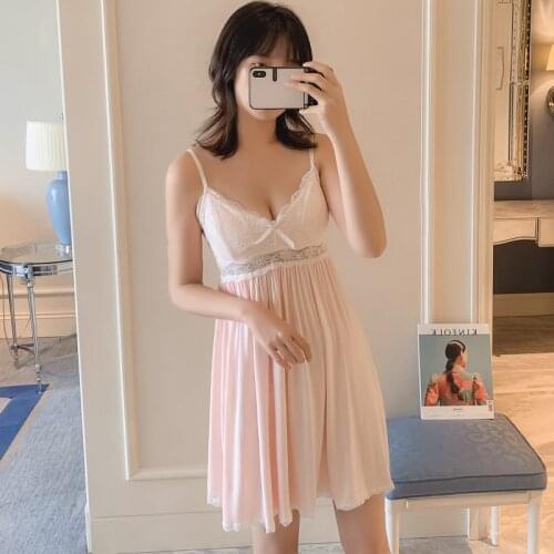 Summer Sexy Female Suspenders Nightgown Lovely Lace Princess Sleepwear Modale With Chest Cushion Home Wear Intimate Lingerie