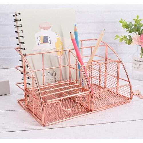 Fashion Iron Mesh Desk Organizer Pencil Pen Holder Caddy with Drawer for Desk Accessories Home Office School Supplies Rose Gold
