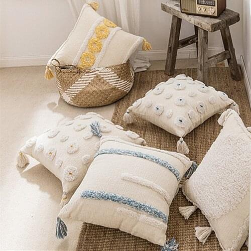 Handmade Yellow White Circle Daisy Pillow Cover with Tassels Moroccan Style Cushion Cover 45x45cm Blue Stripe HomeDecoration