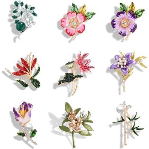 Rinhoo New Fashion Plant Brooch Pins For Women Jewelry Enamel Lotus Banboo Leaf Tower Rhinestone Accessories Party Wedding Gifts