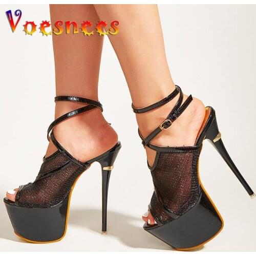 16CM Sexy Black Mesh Striptease Sandals Summer New Fashion Super Thin High Heels Pole Dance Walk Show Open Toe Party Women Shoes
