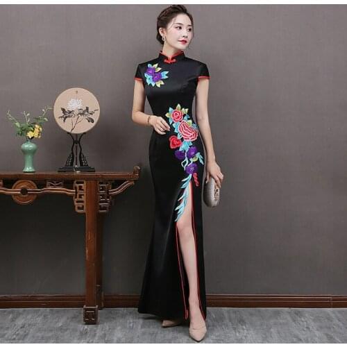Black Split Sexy Cheongsam Girls Oriental Evening Dresses Qi Pao Long Chinese Traditional Clothing Dress Qipao Robe Chinoise