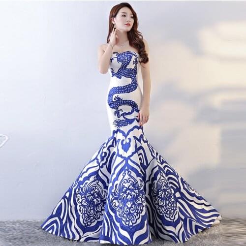 Cheongsam Blue White Chinese Traditional Wedding Dress Women Bride Tailing Evening Dress Sleeveless Strapless Qipao Modern