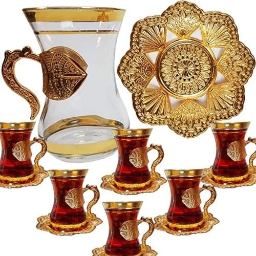 Turkish Tea Glasses Cups Set of 6 and Saucers with Handle Arabic Ottoman Decors for Serving and Drinking Housewarming Gift for N