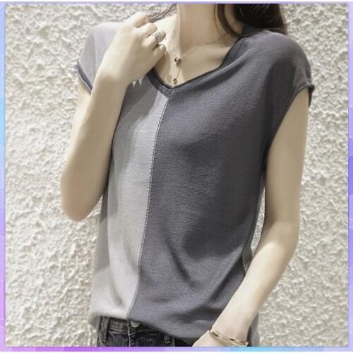 Plus Size Oversized T-shirts Patchwork Womens Short Sleeve Knit Tops Fashion Casual V-neck T-Shirt Summer Basic Top