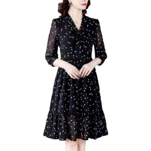 Autumn Chiffon Dresses 3/4 Sleeve Polka Dot Plaid Office Vintage Dress 2021 Women Casual Midi Floral Dress Vestido FC628