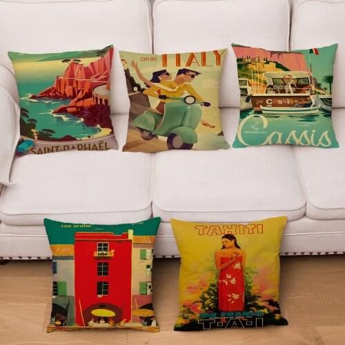 Retro Art Painting New York London Italy Print Cushion Cover Soft Plush Square Pillowcase Kid Gift Sofa Home Decor Pillows Cases