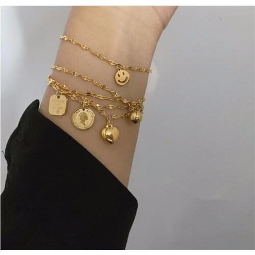 YUN RUO Smiling Face Gold Bracelet Heart Woman Birthday Gift Fashion 316L Titainum Steel Jewelry Yellow gold Plated Never Fade