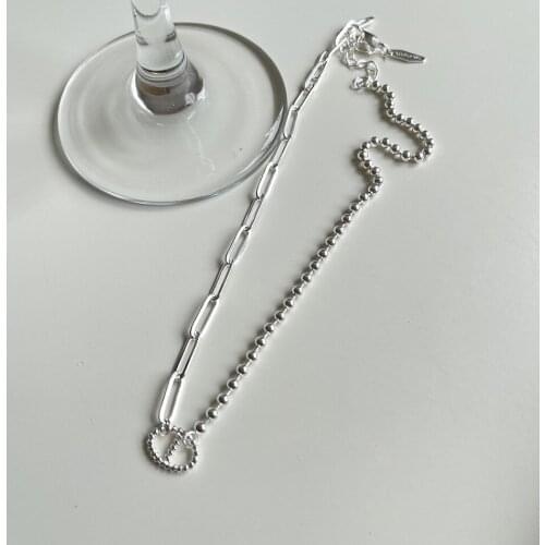 Asymmetry Necklace Authentic 925 Sterling silver Chain Pendant Oval & Beads Chain choker necklace clavicle Jewelry C-B976