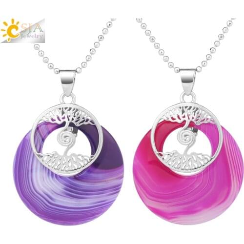 CSJA Charm Two Tree of Life Seashell Onyx Stone Pendant Round Hollow Flat Beads Pendants Necklace for Women Fashion Jewelry F881