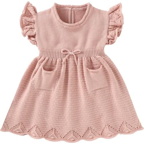 Summer Short Sleeve Baby Girls Princess Dress Clothes Fashion Solid Knit Newborn Infant First Birthday Party Dress Kids Knitwear