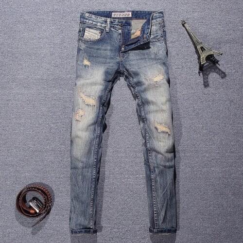 European Vintage Fashion Men Jeans Retro Distressed Wash Slim Fit Ripped Jeans Men Destroyed Patchwork Designer Denim Punk Pants