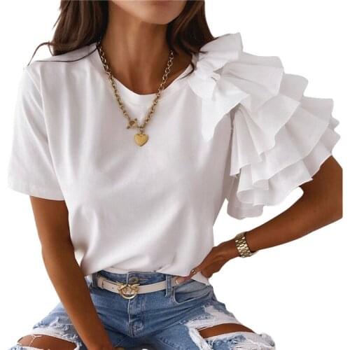 Women Summer Casual Loose T-shirt Adults Solid Color Ruffle Short -sleeve Round Neck Pullover Basic Tees Tops Woman Clothes 2021