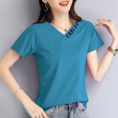 Cotton short sleeve T-shirt womens fashion short top womens V-neck half sleeve body Shirt New Summer 2021
