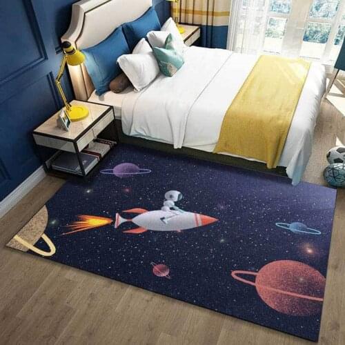 Cartoon Childrens Room Rug Dark Blue Space Rocket Universe Starry Sky Cool Carpet Living Room Bedroom Bed Blanket Baby Mats