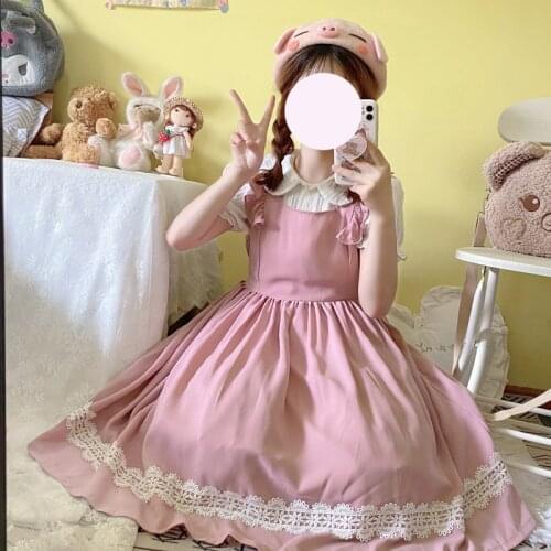 Japanese Lolita Sweet Girl Dress Cute Ruffles Bow Pink Sleeveless Midi Dress Women Lace Up Spaghetti Strap Dresses Pleated Loli