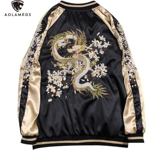 Aolamegs Dragon Embroidery Jackets Men Double-Sided Wearable Baseball Varsity Jacket Womens Bomber Vintage Casual Coats Parkas