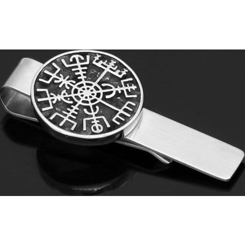 Stainless steel Nordic Viking rune compass amulet Tie Clips small size with valknut gift bag