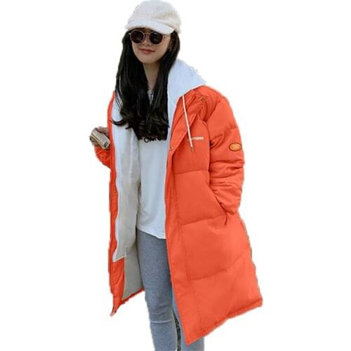 2021 New Autumn Winter Down Cotton Coat Korean Version Plus Size Loose Yellow Pink Green Fashion Hooded Long Parkas Jacket N1131