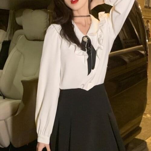 Autumn White Sweet Blouse Top Women Korean Ruffles Patchwork Bow Shirt Female Long Sleeve Chic Outing Designer Kawaii Shirt 2021