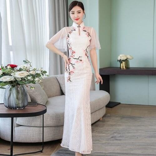 Cheongsam Long Qipao Dresses Chinese Traditional Wedding Dress Mandarin Collar Maxi Vestidos Slim Elegant Chinese Dresses 30811