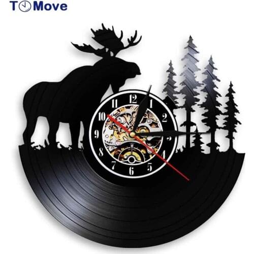 Antler Forest Elk King With Pine Tree Hunting Wall Clock Woodland Deer Wall Decor Retro Vinyl Record Wall Clock Battery Operated