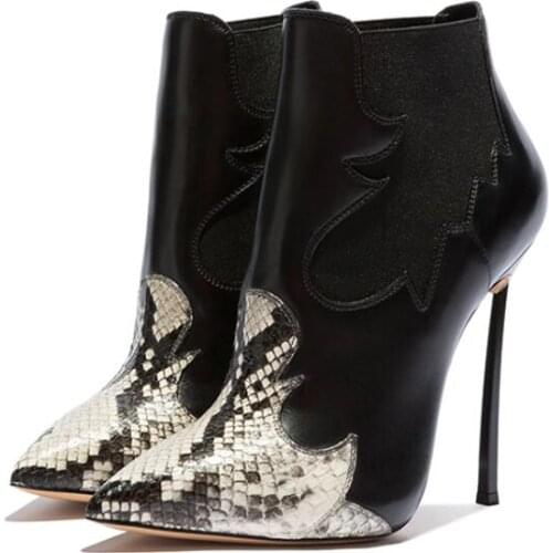 Chic Winter Warm Python Leather Metallic High Heels Ankle Boots Pointed toe Sexy Ladies Snakeskin Elastic Patchwork Female Boots
