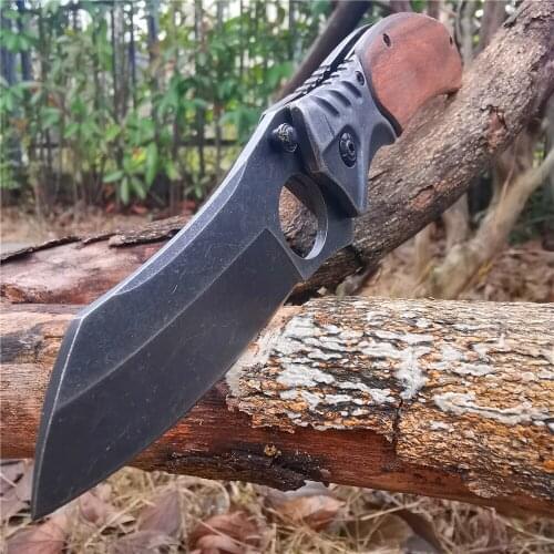 7.87 Inch Stainless Steel Folding Knife, Sharp Pocket Knife, Outdoor Camping Hunting Knife, Jungle Survival Tool, Wooden Handle